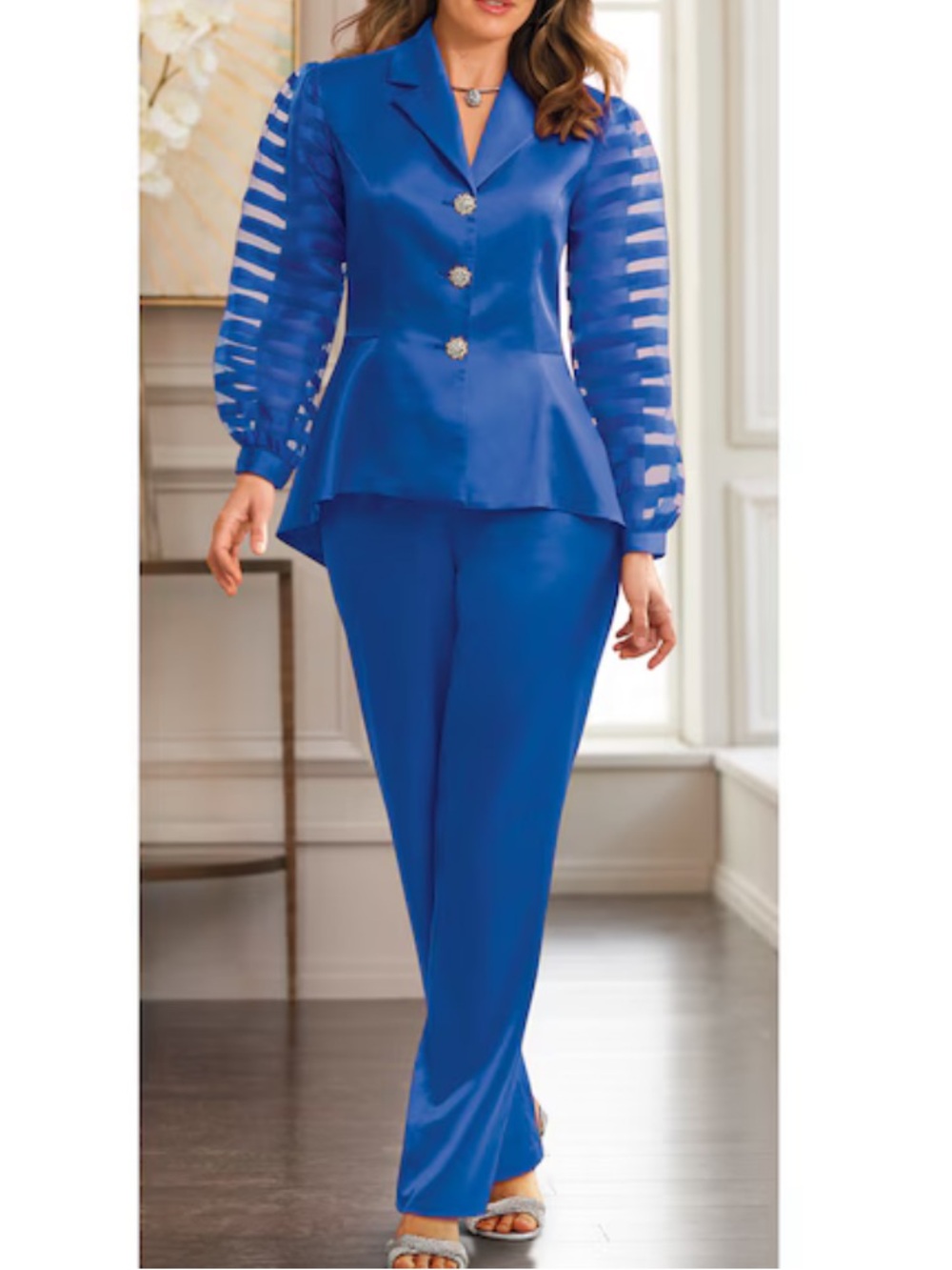 Midnight Velvet Royal Blue Satin Peplum Jacket & Pants Set